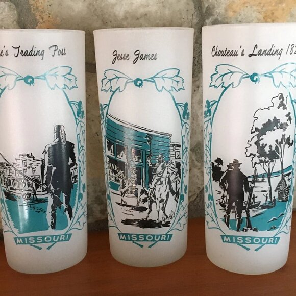 Vtg Missouri BARWARE Frosted Glass Tumblers Cowboy Western Jesse James SET OF 3 - Picture 2 of 6